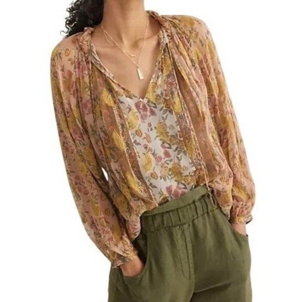 Anthropologie Love The Label Euphoria Peasant Blouse Women Large Tan Gold Boho